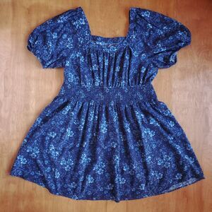 Old Navy Smocked Fit & Flare Mini Dress XL Blue Puff Sleeve Peasant Prairie